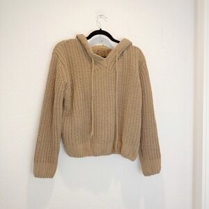 POL Tan Chunky Cropped Knit Hoodie Drawstring Oversized Pullover Sweater S-L